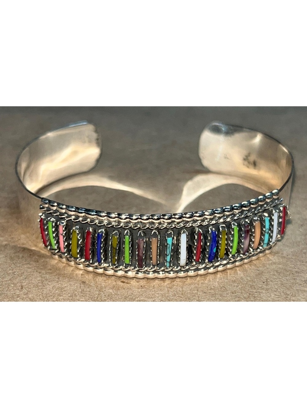 Navajo turquoise multi stone needlepoint sterling silver bracelet/ cuff -Jason